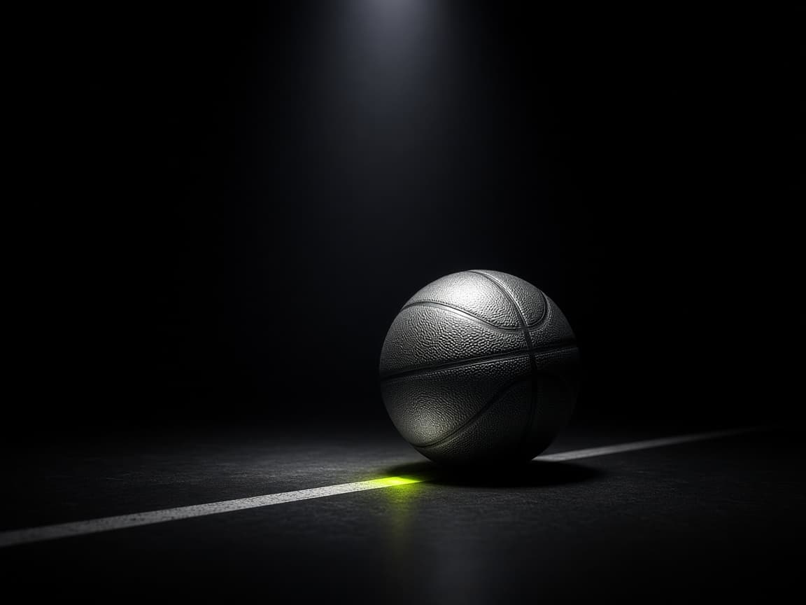 Basketball resting on a dark court